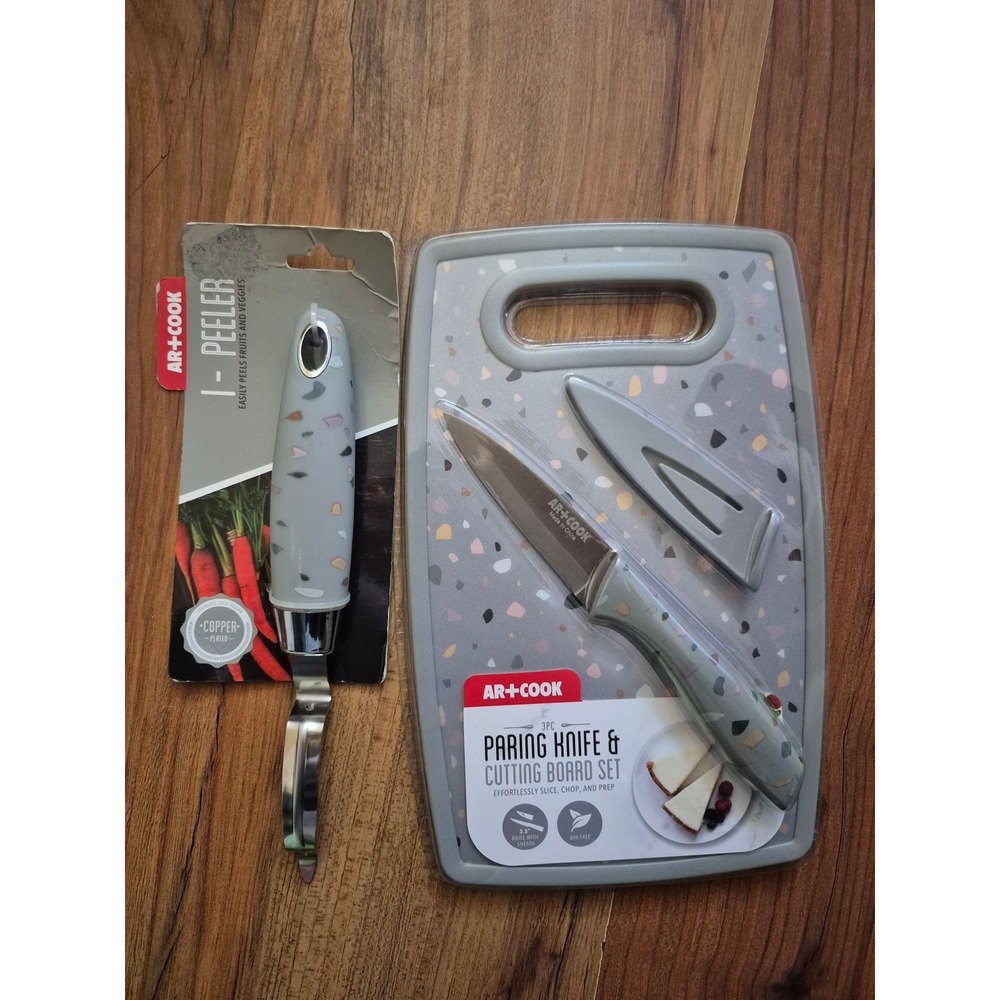 Art & Cook 3pc Paring Knife Cutting Board Set & I-Peeler Grey Terrazzo S24